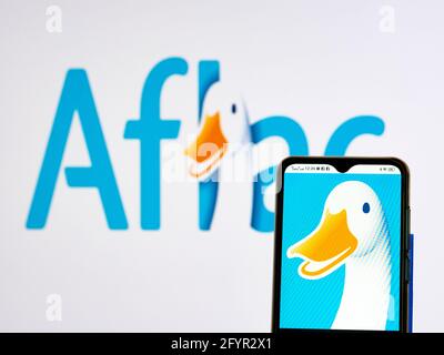 Ukraine. 29th May, 2021. In this photo illustration, an Aflac Inc. logo seen displayed on a smartphone. (Photo by Igor Golovniov/SOPA Images/Sipa USA) Credit: Sipa USA/Alamy Live News Stock Photo