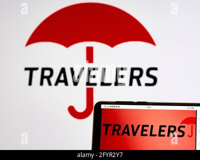 Ukraine. 29th May, 2021. In this photo illustration, the Travelers Companies logo seen displayed on a smartphone. (Photo by Igor Golovniov/SOPA Images/Sipa USA) Credit: Sipa USA/Alamy Live News Stock Photo