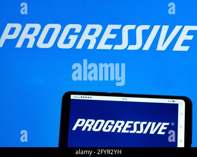 Ukraine. 29th May, 2021. In this photo illustration, a Progressive Corporation logo seen displayed on a smartphone. (Photo by Igor Golovniov/SOPA Images/Sipa USA) Credit: Sipa USA/Alamy Live News Stock Photo