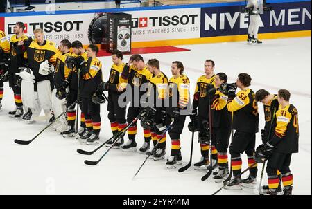 Riga, Latvia. 29th May, 2021. Ice hockey: World Championship, preliminary round, group B, Germany - Finland: Germany's team is on the ice. Credit: Roman Koksarov/dpa/Alamy Live News Stock Photo