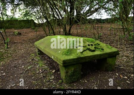 A view of ancient gravestones among woodland on the shore of Loch Leven in Kinross, Scotland. Stock Photo