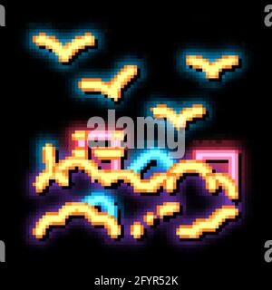 Building Smog And Birds neon glow icon illustration Stock Vector