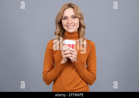 Good vibes. Happy girl hold cup grey background. Good morning. Early breakfast Stock Photo