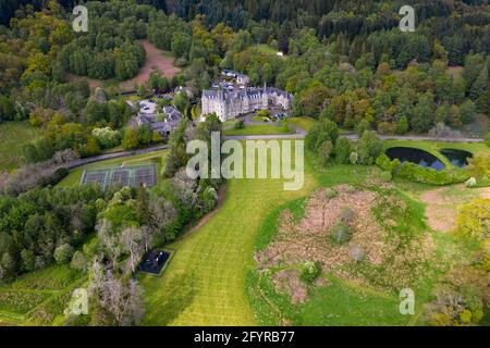 Tigh Mor Trossachs, Loch Lomond and Trossachs National Park, Scotland, UK. 29th May, 2021. PICTURED: Drone photography view of Tigh Mor Trossachs seen from the air on the banks of Loch Achray. Pic Credit: Colin Fisher/Alamy Live News Stock Photo