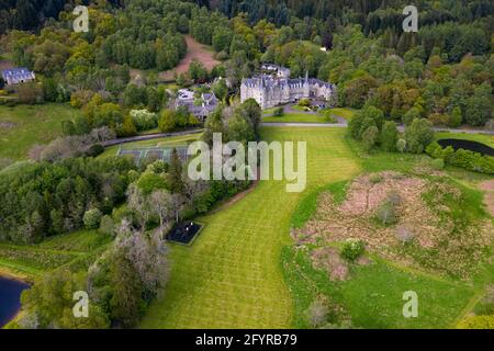 Tigh Mor Trossachs, Loch Lomond and Trossachs National Park, Scotland, UK. 29th May, 2021. PICTURED: Drone photography view of Tigh Mor Trossachs seen from the air on the banks of Loch Achray. Pic Credit: Colin Fisher/Alamy Live News Stock Photo