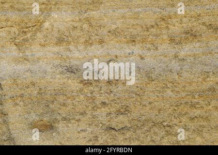 The texture of the uneven surface of the yellow sandstone stone with gray veins. Stock Photo