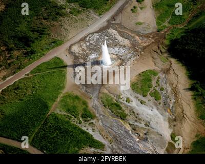 Aerial shot of erupting Strokkur Geysir in Iceland Stock Photo