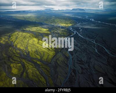 Aerial view of meandering river system on the Icelandic highlands Stock Photo