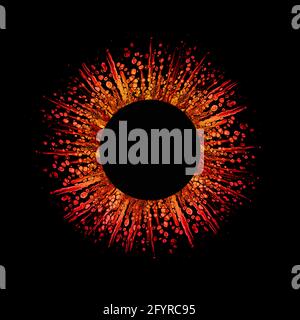 Colorful abstract acrylic splashes in rounded shape with free space for text on black background. Gradient frame in red, orange and yellow.  Free flow Stock Photo