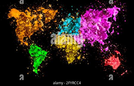 World map in watercolor colorful painting abstract splatters on black background. Stock Photo