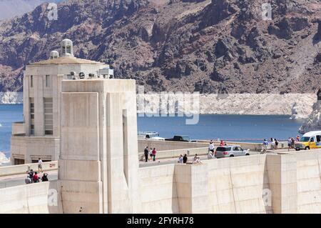 View of the pen stock towers over Lake Mead at Hoover Dam, between Arizona and Nevada states, USA. Stock Photo