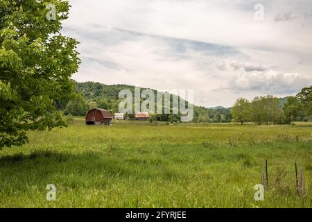 View from the Mast General Store upon this serene farmland in rural Valle Crucis, North Carolina. Stock Photo