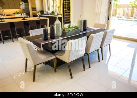 Eating Area With Oblong Table And Eight Chairs Stock Photo