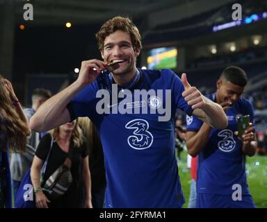 Porto, Portugal, 29th May 2021. Marcos Alonso of Chelsea with his winners medal during the UEFA Champions League match at the Estadio do Dragao, Porto. Picture credit should read: David Klein / Sportimage Stock Photo