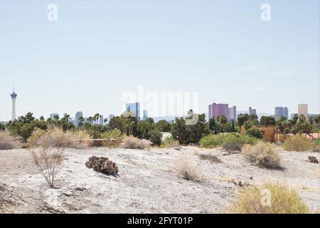 A view of the city of Las Vegas as seen from the desert, in foreground. Stock Photo