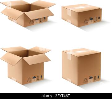 3d realistic vector collection of cartoon boxes.open and closed. Isolated on white background. Icon illustration. Stock Vector