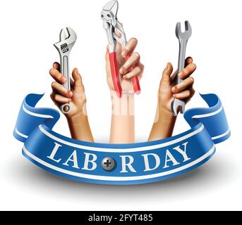 3d realistic vector illustration icon of Labor day banner. Element design emblem. Hands holding instruments like screw or wrench. Isolated on white ba Stock Vector
