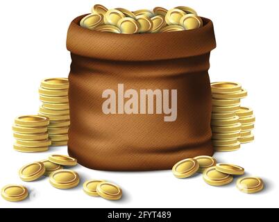 3d realistic vector money brown sack with golden coins. Isolated on white background icon illustration. Stock Vector