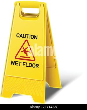 3d realistic vector caution wet floor yellow plastic floor sign. Isolated icon illustration on white background. Stock Vector