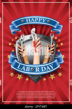 3d realistic vector illustration Labor day banner. Element design emblem on red background with stars.Hands holding instruments like screw or wrench. Stock Vector
