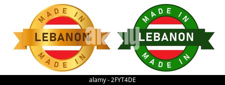 Made in Lebanon label stamp for product manufactured by Lebanese company seal golden ribbon and flag Stock Vector