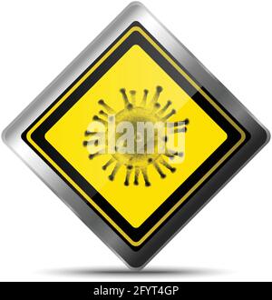 3d realistic vector warning sing about virus in square metal yellow plate. Isolated on white background. Stock Vector