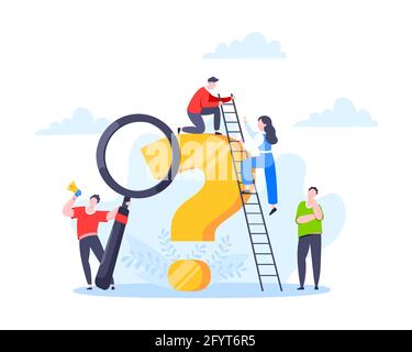 Q and A or FAQ concept with tiny people characters, big question mark, frequently asked questions template. Answers business support concept flat styl Stock Vector