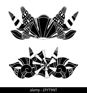 Set of black silhouettes of sea crowns from seashells. Vector text separators. Delimiters with sea molluscs and snails with boho pattern. Monochrome d Stock Vector