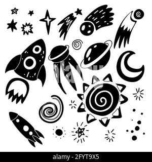 Set of black silhouette of childish cosmos element with stars, moon, shuttle, spacecraft and meteor with decoration. Vector print cartoon object of th Stock Vector