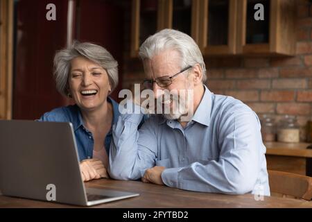 Mature couple looking at laptop laughing sit at table indoor Stock Photo