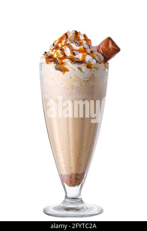 Milkshake with whipped cream and chocolate bar isolated on white background Stock Photo