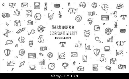 Financial investment icons. Vector hand-drawn financial icons. A big doodle set of images for business. Stock Vector