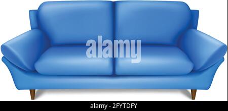 3d realistic vector old fashion vintage blue sofa in front view. Isolated icon illustration on white background. Stock Vector