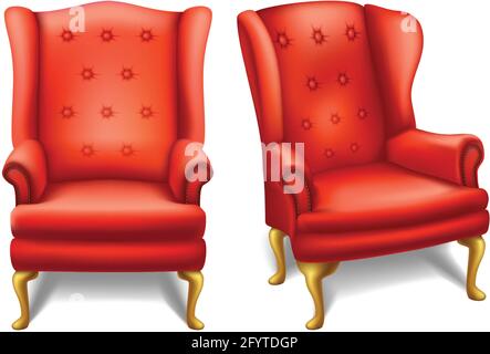 3d realistic vector old fashion vintage red chair in front and side view. Isolated icon illustration on white background. Stock Vector