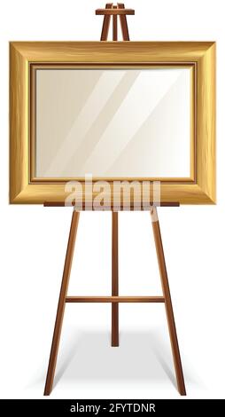 3d realistic vector illustration wooden easel with mock up empty Blank golden frame square canvas. Isolated on white background. Stock Vector