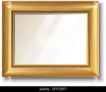 3d realistic vector retro golden frame with wooden texture icon. Isolated on white background. Horizontal orientation. Stock Vector