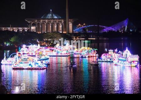 Floats from different states of Malaysia are gather together on the lake of Putrajaya Malaysia during FLORIA 2013 night event. Stock Photo