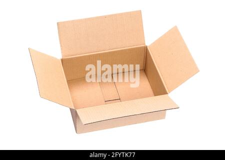 Top view of opened packaging cardboard box isolated on a white background in close-up without shadows. PNG file with transparent background. Stock Photo