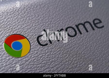 Krakow, Poland - October 20, 2020:  Google Chrome sign on the cover of the Chromebook laptop in close-up. Stock Photo
