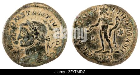 An ancient Roman copper coin of Emperor Constantius isolated on white background Stock Photo