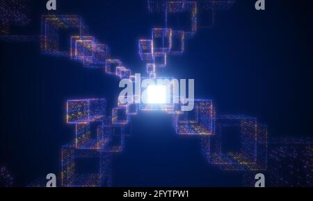 Digital glowing particles tunnel network abstract background. Futuristics technology and computer big data concept. Cyberspace and cyberpunk theme. 3D Stock Photo