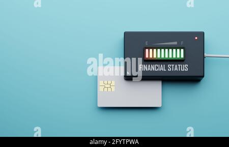 Credit card financial status balance checking device on blue background. Business economy and investment concept. Cash flow electronic indicator machi Stock Photo