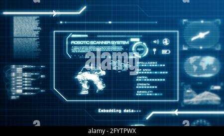 HUD Robot Scanning System ability user interface computer screen display with pixels background. Blue abstract hologram holographic technology concept Stock Photo