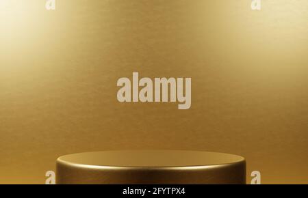 Gold product stand on golden background. Abstract minimal geometry concept. Studio podium platform theme. Exhibition and business marketing presentati Stock Photo