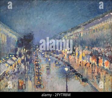 The Boulevard Montmartre at Night by French Impressionist painter Camille Pissarro at the National Gallery, London, UK Stock Photo