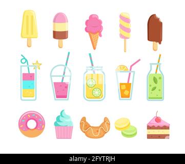 Set of tasty sweet summer drinks and food icons. Stock Vector