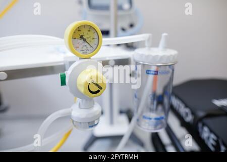 Bucharest, Romania - May 27, 2021: Shallow depth of field (selective focus) details with medical equipment in a newly built Emergency Unit (Emergency Stock Photo