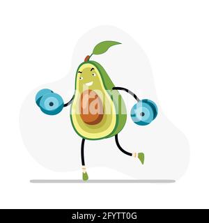 Healthy weightlifting avocado, vector exercise in gym, natural character do fitness and workout illustration. Avocado squishmallow with dumbbell, fitn Stock Vector