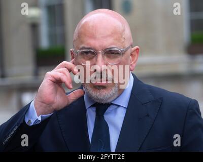 London, UK. 30th May, 2021. Nadhim Zahawi gives an interview outside the BBC Studios before appearing on 'The Andrew Marr Show'. Credit: Mark Thomas/Alamy Live News Stock Photo