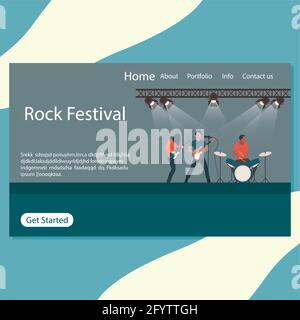 Rock festival landing page, stage of rock n roll and punk metal, rock band perfomance in nightclub. Vector concert of popular group with singer and gu Stock Vector